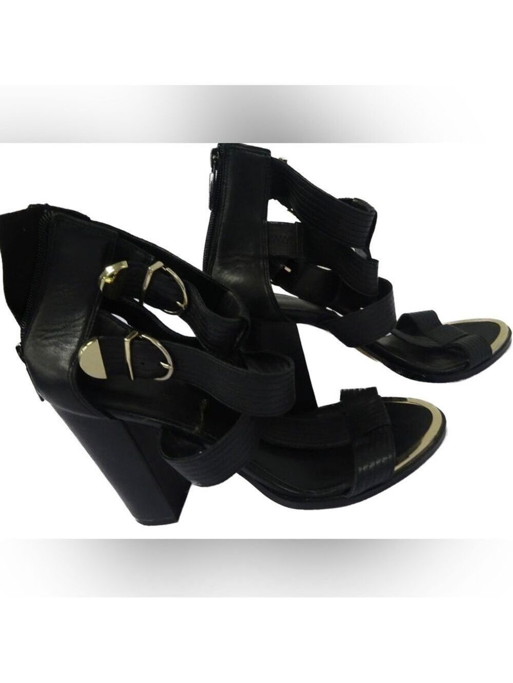 KARL LAGERFELD PARIS Black w/ Gold Leather Gladiator Chunky Sandals $225 Sz 8.5